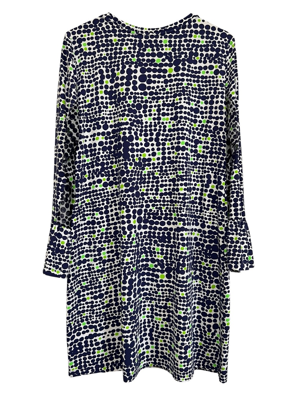 Ibkul Navy & Lime Dot Print Long Bell Sleeve Shift Dress Size XL - Picture 2 of 13